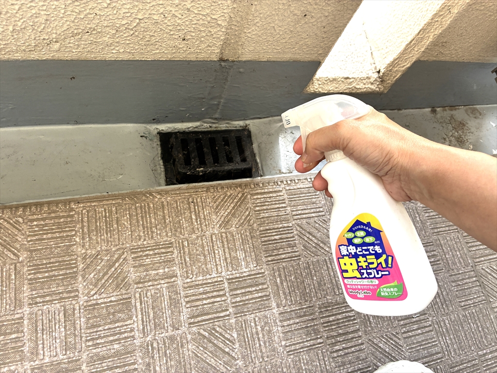 排水溝にウッディラボの「家中どこでも虫キライスプレー」を噴射して、虫除け対策をしている様子